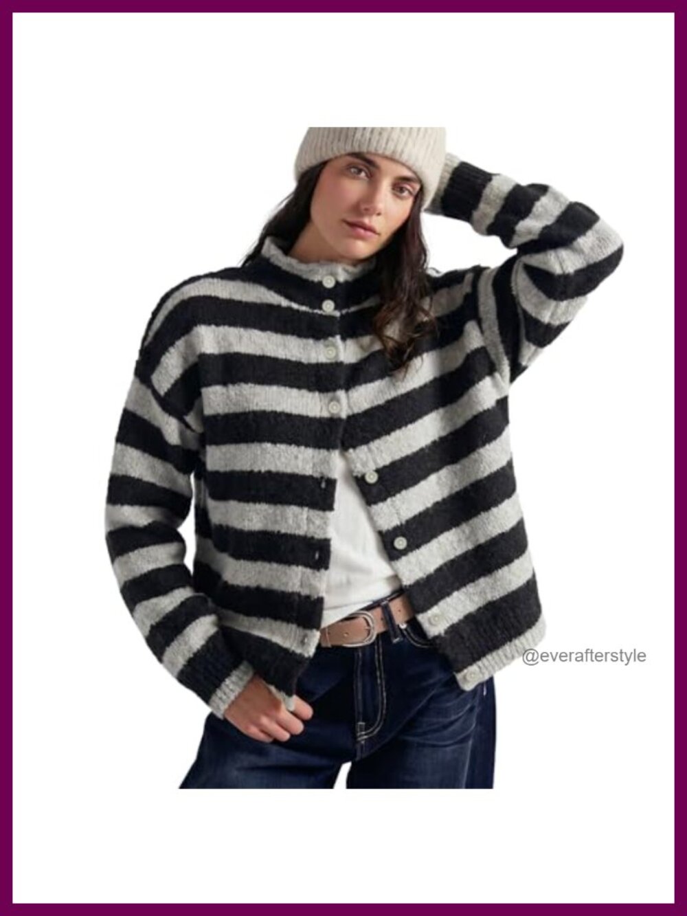 Womens Striped Cardigan Long Sleeve Button Down Stand Collar Lightweight Knit